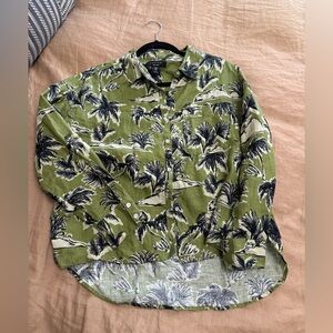 Tahari Tropical Palm Print Button-Up Shirt in Olive Green